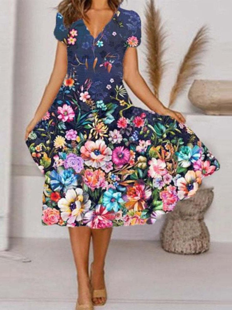 Women's Dresses V-Neck Floral Print Short Sleeve Dress - Midi Dresses - Instastyled | Online Fashion Free Shipping Clothing, Dresses, Tops, Shoes - 04/03/2022 - 30-40 - color-black