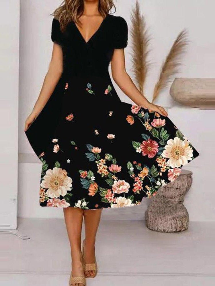 Women's Dresses V-Neck Floral Print Short Sleeve Dress - Midi Dresses - Instastyled | Online Fashion Free Shipping Clothing, Dresses, Tops, Shoes - 04/03/2022 - 30-40 - color-black