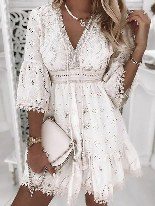 Women's Dresses V-Neck Hollow Fringe Mini Dress - Mini Dresses - Instastyled | Online Fashion Free Shipping Clothing, Dresses, Tops, Shoes - 07/09/2022 - Casual Dresses - Color_White