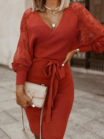 Women's Dresses V-Neck Knitted Lace Long Sleeve Dress - Midi Dresses - INS | Online Fashion Free Shipping Clothing, Dresses, Tops, Shoes - 24/08/2021 - 30-40 - Category_Midi Dresses