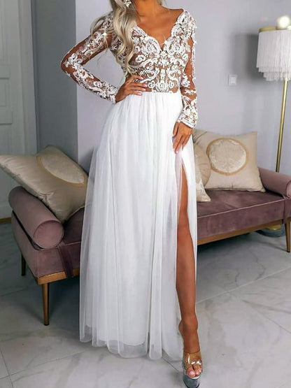 Women's Dresses V-Neck Lace Long Sleeve Slit Dress - Maxi Dresses - Instastyled | Online Fashion Free Shipping Clothing, Dresses, Tops, Shoes - 08/02/2022 - color-white - Color_White