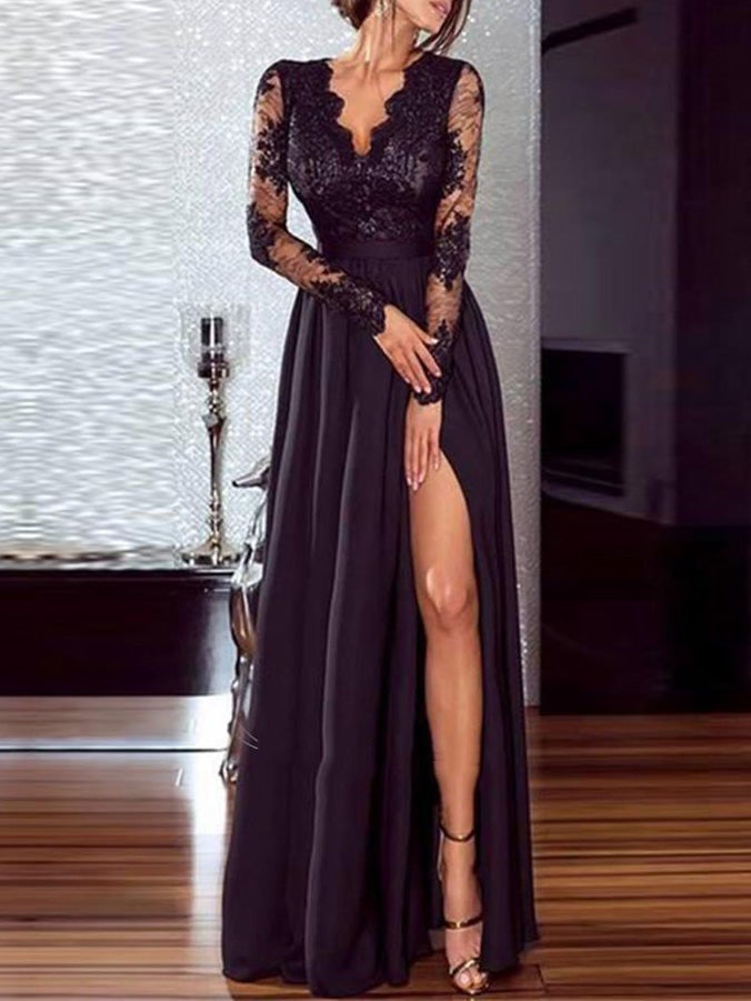 Women's Dresses V-Neck Lace Long Sleeve Split Evening Dress - Maxi Dresses - Instastyled | Online Fashion Free Shipping Clothing, Dresses, Tops, Shoes - 18/12/2021 - Color_Black - DRE2112183111