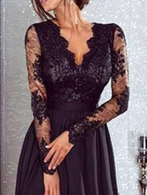 Women's Dresses V-Neck Lace Long Sleeve Split Evening Dress - Maxi Dresses - Instastyled | Online Fashion Free Shipping Clothing, Dresses, Tops, Shoes - 18/12/2021 - Color_Black - DRE2112183111