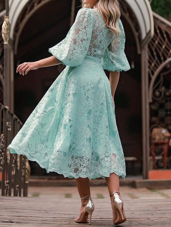Women's Dresses V Neck Lace Mid Sleeve Dress - Maxi Dresses - Instastyled | Online Fashion Free Shipping Clothing, Dresses, Tops, Shoes - 28/02/2022 - color-blue - color-green