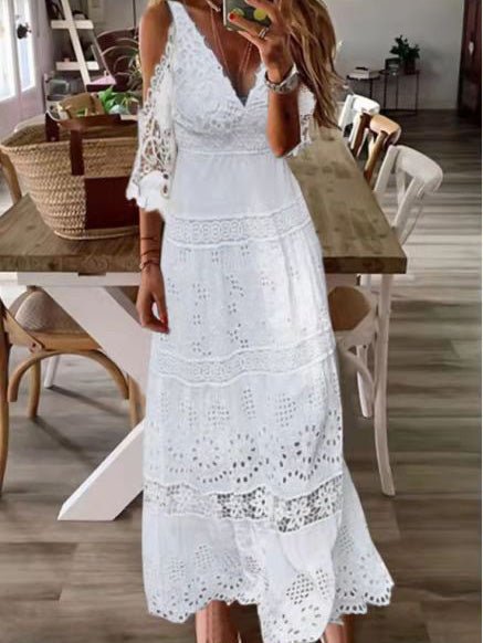 Women's Dresses V-Neck Lace Off-Shoulder Dress - Maxi Dresses - Instastyled | Online Fashion Free Shipping Clothing, Dresses, Tops, Shoes - 23/02/2022 - 30-40 - Casual Dresses
