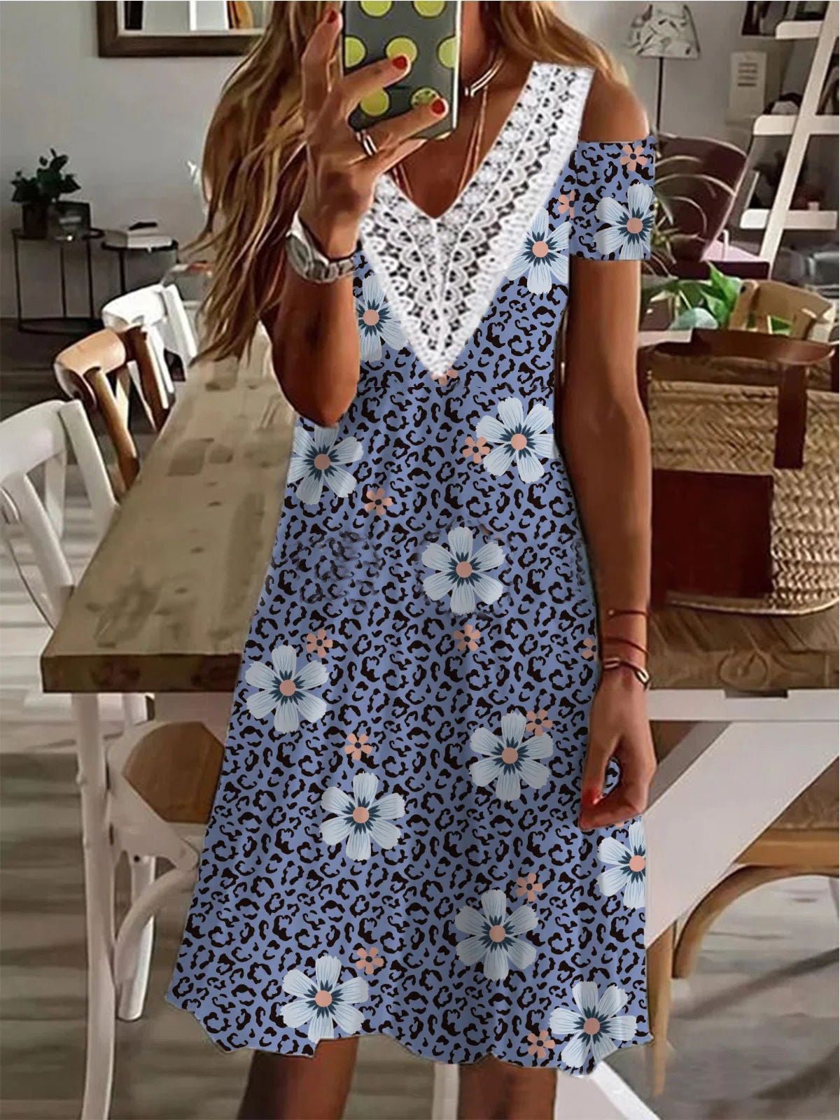 Women's Dresses V-Neck Lace Panel Off Shoulder Print Dress - Mini Dresses - Instastyled | Online Fashion Free Shipping Clothing, Dresses, Tops, Shoes - 14/06/2022 - 30-40 - color-blue