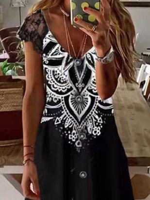 Women's Dresses V-Neck Lace Panel Print Dress - Maxi Dresses - Instastyled | Online Fashion Free Shipping Clothing, Dresses, Tops, Shoes - 18/02/2022 - 30-40 - color-black