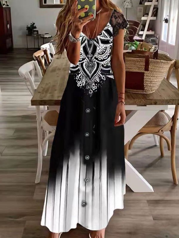 Women's Dresses V-Neck Lace Panel Print Dress - Maxi Dresses - Instastyled | Online Fashion Free Shipping Clothing, Dresses, Tops, Shoes - 18/02/2022 - 30-40 - color-black