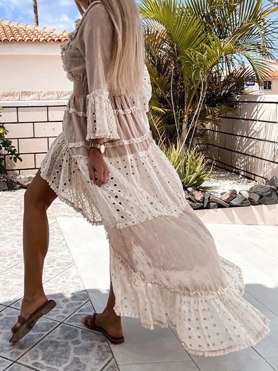 Women's Dresses V-Neck Lace Panel Ruffle Irregular Dress - Maxi Dresses - Instastyled | Online Fashion Free Shipping Clothing, Dresses, Tops, Shoes - 25/08/2022 - Casual Dresses - Color_Khaki