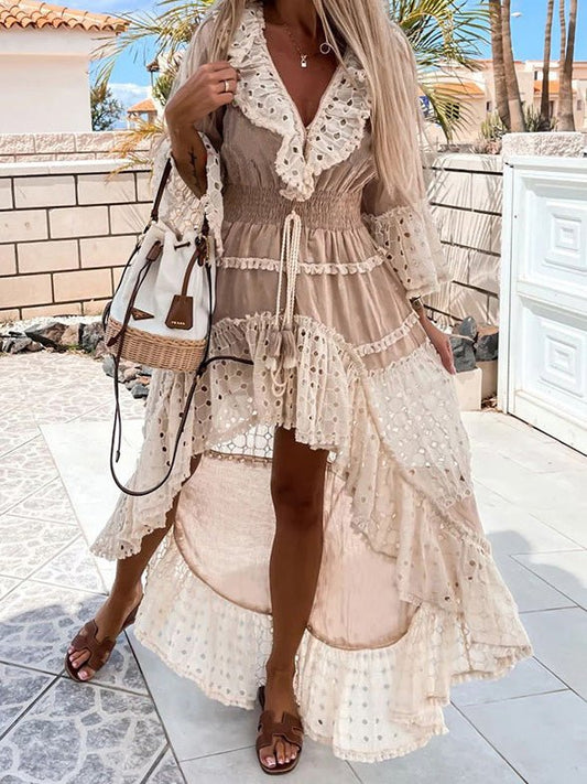 Women's Dresses V-Neck Lace Panel Ruffle Irregular Dress - Maxi Dresses - Instastyled | Online Fashion Free Shipping Clothing, Dresses, Tops, Shoes - 25/08/2022 - Casual Dresses - Color_Khaki