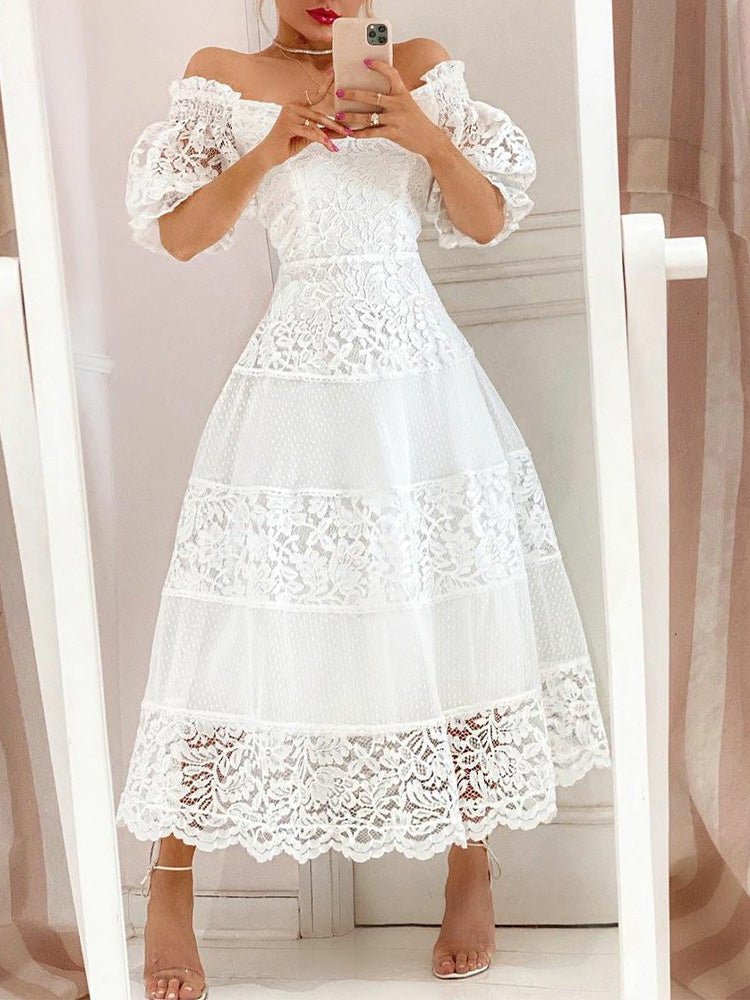 Women's Dresses V-Neck Lace Puff Sleeve Dress - Maxi Dresses - Instastyled | Online Fashion Free Shipping Clothing, Dresses, Tops, Shoes - 08/03/2022 - color-white - Color_White