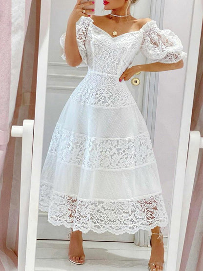 Women's Dresses V-Neck Lace Puff Sleeve Dress - Maxi Dresses - Instastyled | Online Fashion Free Shipping Clothing, Dresses, Tops, Shoes - 08/03/2022 - color-white - Color_White