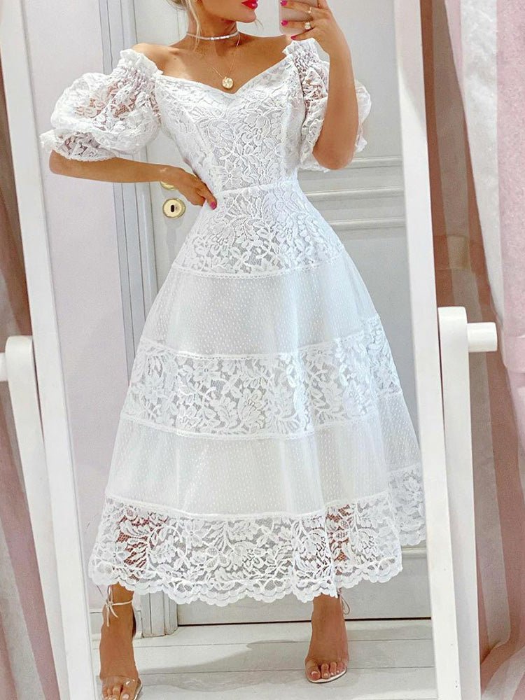 Women's Dresses V-Neck Lace Puff Sleeve Dress - Maxi Dresses - Instastyled | Online Fashion Free Shipping Clothing, Dresses, Tops, Shoes - 08/03/2022 - color-white - Color_White