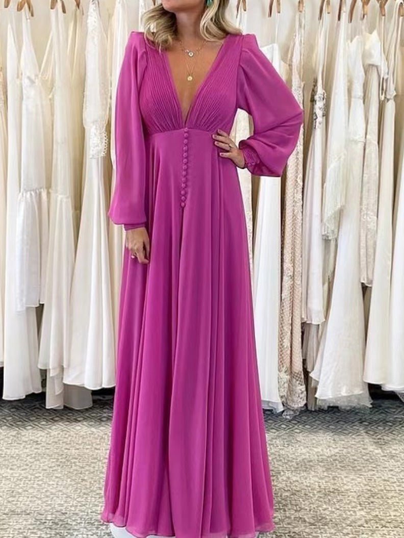 Women's Dresses V-Neck Lantern Long Sleeve Swing Dress - Maxi Dresses - Instastyled | Online Fashion Free Shipping Clothing, Dresses, Tops, Shoes - 05/08/2022 - Color_Purple - Color_Yellow