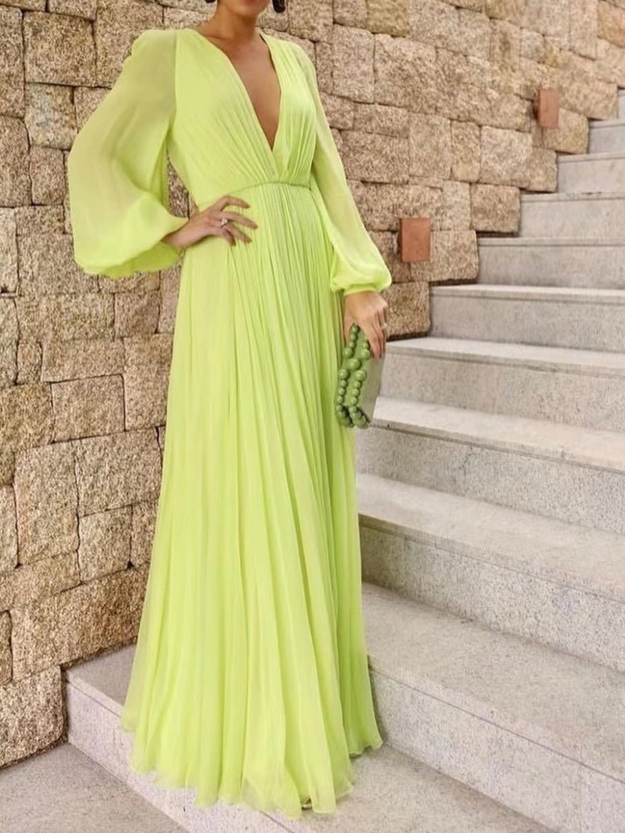 Women's Dresses V-Neck Lantern Long Sleeve Swing Dress - Maxi Dresses - Instastyled | Online Fashion Free Shipping Clothing, Dresses, Tops, Shoes - 05/08/2022 - Color_Purple - Color_Yellow