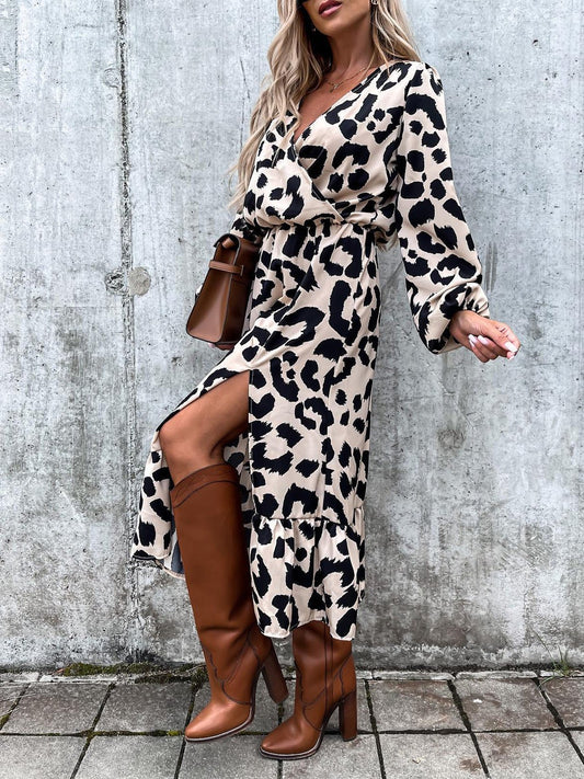 Women's Dresses V-Neck Leopard Print Long Sleeve Slit Dress - Maxi Dresses - Instastyled | Online Fashion Free Shipping Clothing, Dresses, Tops, Shoes - 07/09/2022 - Color_White - Color_Yellow