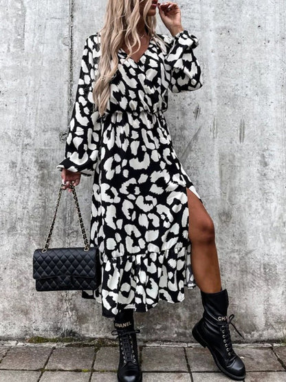 Women's Dresses V-Neck Leopard Print Long Sleeve Slit Dress - Maxi Dresses - Instastyled | Online Fashion Free Shipping Clothing, Dresses, Tops, Shoes - 07/09/2022 - Color_White - Color_Yellow