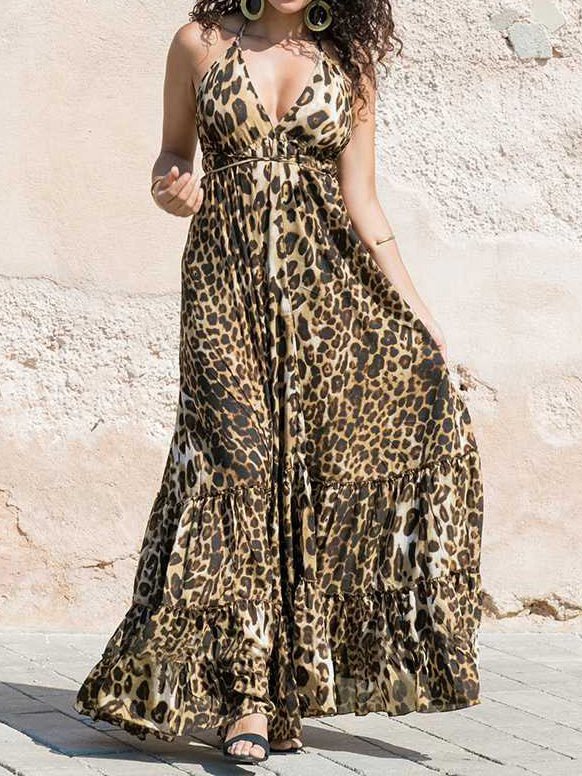 Women's Dresses V-Neck Leopard Print Sling Dress - Maxi Dresses - Instastyled | Online Fashion Free Shipping Clothing, Dresses, Tops, Shoes - 23/02/2022 - 30-40 - color-coffee