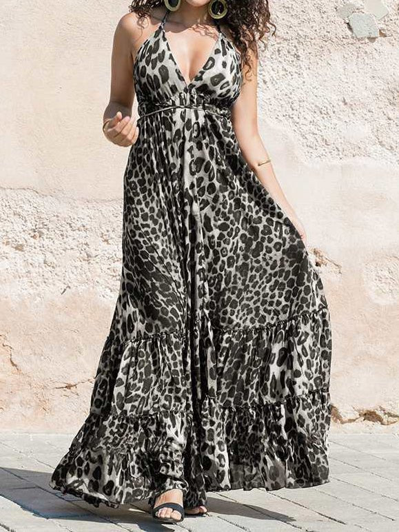 Women's Dresses V-Neck Leopard Print Sling Dress - Maxi Dresses - Instastyled | Online Fashion Free Shipping Clothing, Dresses, Tops, Shoes - 23/02/2022 - 30-40 - color-coffee