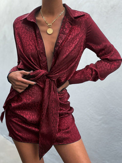 Women's Dresses V-Neck Long Sleeve Belted Shirt Dress - Mini Dresses - Instastyled | Online Fashion Free Shipping Clothing, Dresses, Tops, Shoes - 17/12/2021 - 30-40 - color-apricot