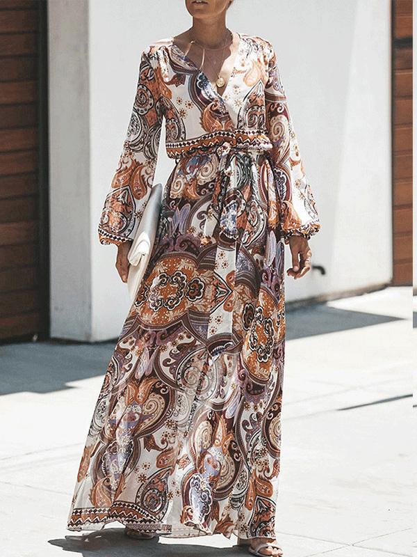 Women's Dresses V-Neck Long Sleeve Bohemian Print Dress - Maxi Dresses - INS | Online Fashion Free Shipping Clothing, Dresses, Tops, Shoes - 30/08/2021 - 40-50 - Category_Maxi Dresses