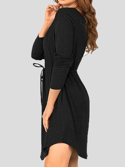 Women's Dresses V-Neck Long Sleeve Button Belt Dress - Midi Dresses - INS | Online Fashion Free Shipping Clothing, Dresses, Tops, Shoes - 17/09/2021 - Category_Midi Dresses - Color_Black
