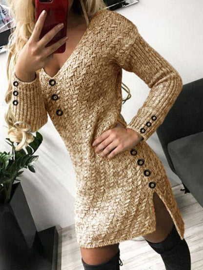 Women's Dresses V-Neck Long Sleeve Buttoned Knit Dress - Mini Dresses - INS | Online Fashion Free Shipping Clothing, Dresses, Tops, Shoes - 20/10/2021 - 30-40 - color-black