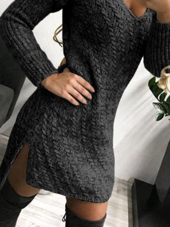 Women's Dresses V-Neck Long Sleeve Buttoned Knit Dress - Mini Dresses - INS | Online Fashion Free Shipping Clothing, Dresses, Tops, Shoes - 20/10/2021 - 30-40 - color-black