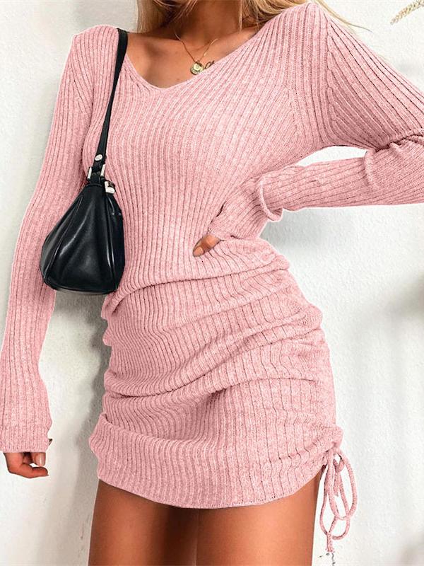 Women's Dresses V-Neck Long Sleeve Drawstring Knit Dress - Mini Dresses - INS | Online Fashion Free Shipping Clothing, Dresses, Tops, Shoes - 19/10/2021 - color-black - color-blue