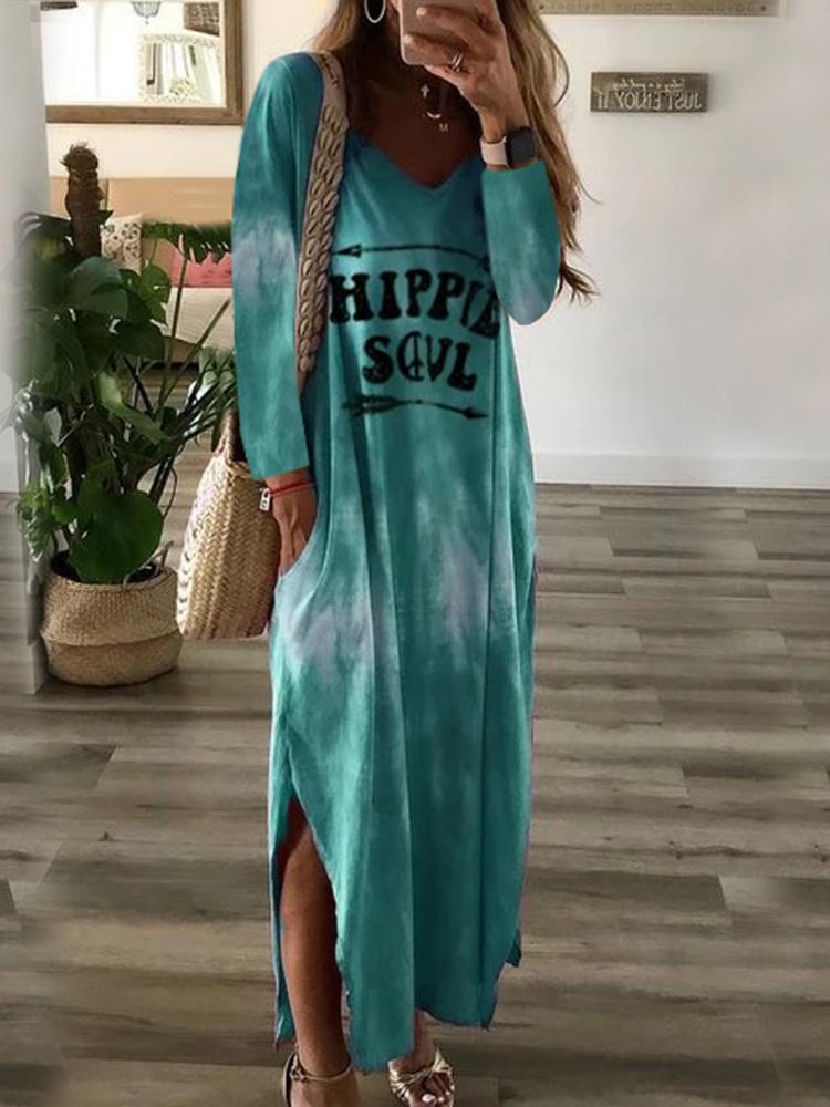 Women's Dresses V-Neck Long Sleeve Letter Print Split Dress - Maxi Dresses - INS | Online Fashion Free Shipping Clothing, Dresses, Tops, Shoes - 20-30 - 24/09/2021 - Casual Dresses