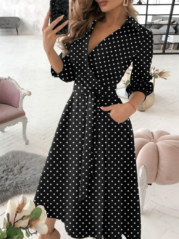 Women's Dresses V-Neck Long Sleeve Pocket Print Dress - Midi Dresses - INS | Online Fashion Free Shipping Clothing, Dresses, Tops, Shoes - 20-30 - 29/09/2021 - color-black