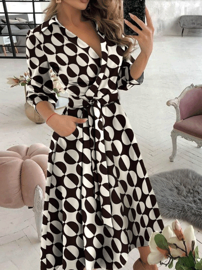 Women's Dresses V-Neck Long Sleeve Pocket Print Dress - Midi Dresses - INS | Online Fashion Free Shipping Clothing, Dresses, Tops, Shoes - 20-30 - 29/09/2021 - color-black
