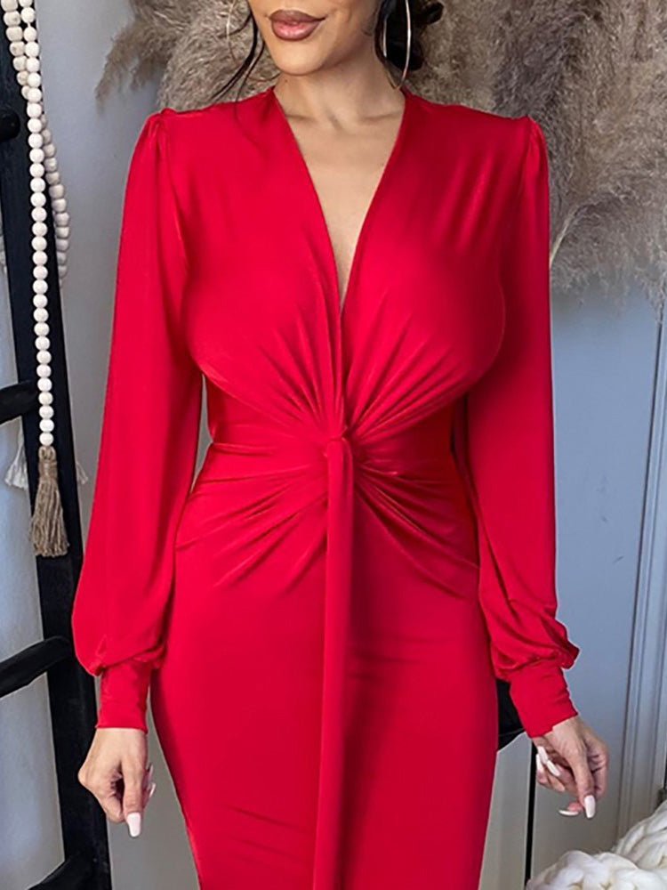 Women's Dresses V Neck Long Sleeve Slim Fit Slit Dress - Maxi Dresses - Instastyled | Online Fashion Free Shipping Clothing, Dresses, Tops, Shoes - 24/08/2022 - bodycon-dresses - color-red