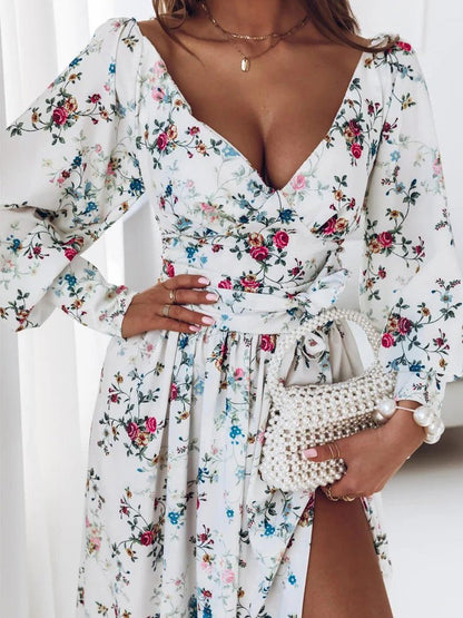 Women's Dresses V-Neck Long Sleeve Slit Print Dress - Maxi Dresses - Instastyled | Online Fashion Free Shipping Clothing, Dresses, Tops, Shoes - 06/09/2022 - Color_Blue - Color_Pink