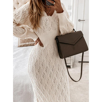 Women's Dresses V-Neck Long Sleeve Sweater Dress - Midi Dresses - INS | Online Fashion Free Shipping Clothing, Dresses, Tops, Shoes - 11/10/2021 - color-apricot - color-coffee