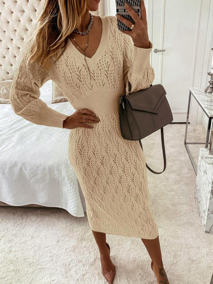 Women's Dresses V-Neck Long Sleeve Sweater Dress - Midi Dresses - INS | Online Fashion Free Shipping Clothing, Dresses, Tops, Shoes - 11/10/2021 - color-apricot - color-coffee