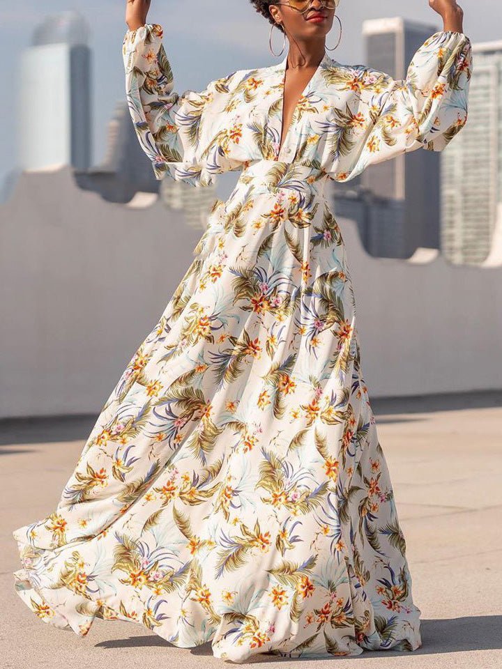 Women's Dresses V-Neck Long Sleeve Swing Print Dress - Maxi Dresses - Instastyled | Online Fashion Free Shipping Clothing, Dresses, Tops, Shoes - 26/07/2022 - Color_White - Color_Yellow