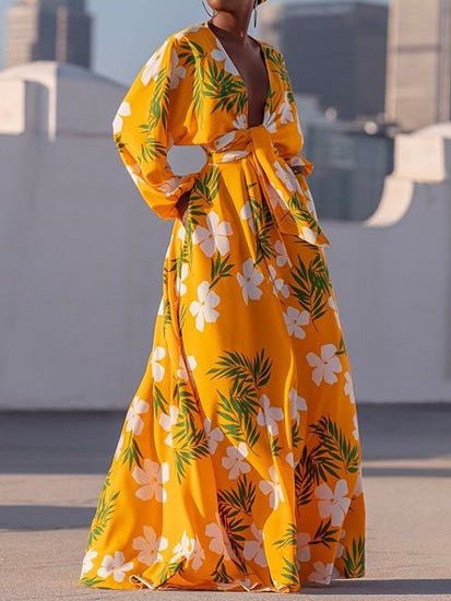 Women's Dresses V-Neck Long Sleeve Swing Print Dress - Maxi Dresses - Instastyled | Online Fashion Free Shipping Clothing, Dresses, Tops, Shoes - 26/07/2022 - Color_White - Color_Yellow