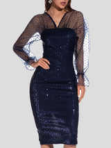 Women's Dresses V-Neck Mesh Long Sleeve Sequined Split Dress - Midi Dresses - Instastyled | Online Fashion Free Shipping Clothing, Dresses, Tops, Shoes - 28/12/2021 - Bodycon Dresses - color-blue