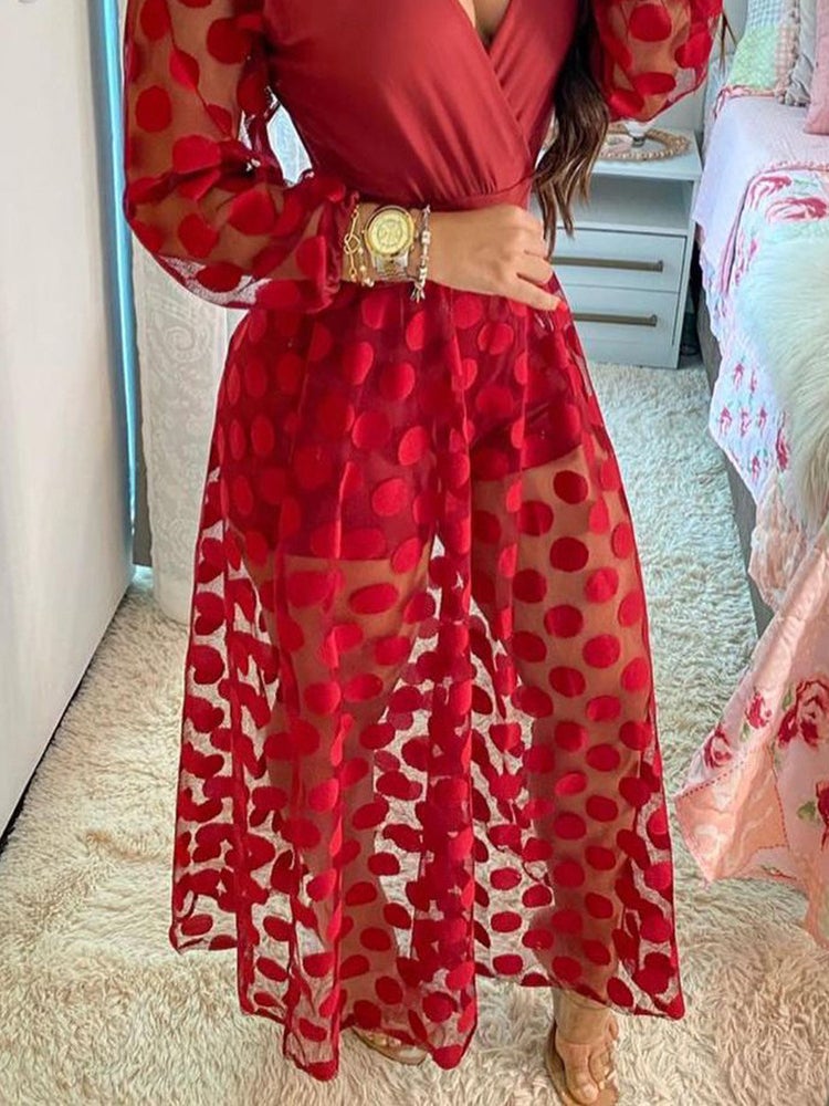 Women's Dresses V-Neck Mesh Polka Dot Long Sleeve Dress - Maxi Dresses - Instastyled | Online Fashion Free Shipping Clothing, Dresses, Tops, Shoes - 25/12/2021 - color-black - color-red