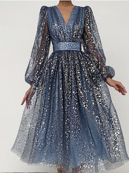 Women's Dresses V-Neck Mesh Sequined Long Sleeve Dress - Maxi Dresses - INS | Online Fashion Free Shipping Clothing, Dresses, Tops, Shoes - 29/11/2021 - 40-50 - color-blue