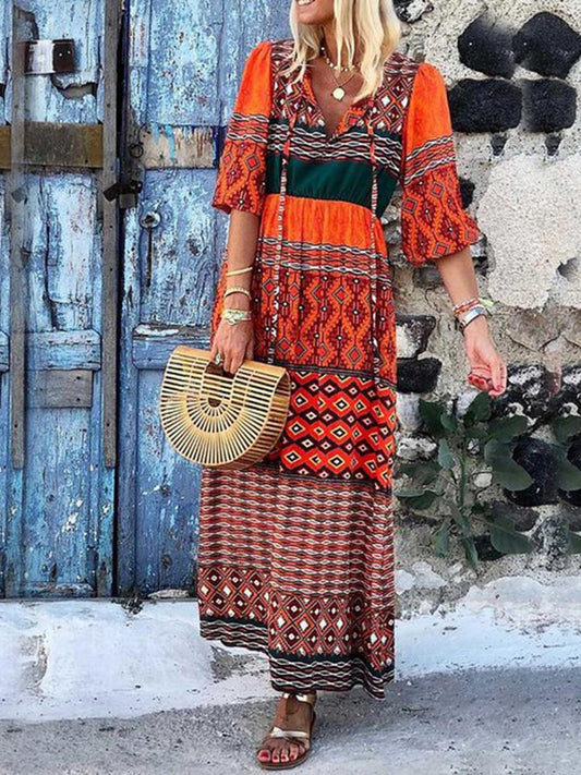 Women's Dresses V-Neck Mid-Sleeve Bohemian Print Dress - Maxi Dresses - INS | Online Fashion Free Shipping Clothing, Dresses, Tops, Shoes - 10/09/2021 - 30-40 - Category_Maxi Dresses