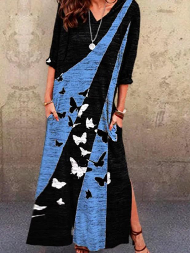 Women's Dresses V-Neck Multicolor Butterfly Print Mid-Sleeve Dress - Maxi Dresses - INS | Online Fashion Free Shipping Clothing, Dresses, Tops, Shoes - 20-30 - Category_Maxi Dresses - color-blue