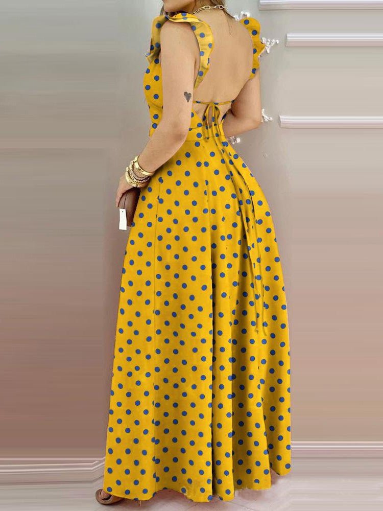 Women's Dresses V-Neck Polka Dot Bare Back Slit Dress - Maxi Dresses - Instastyled | Online Fashion Free Shipping Clothing, Dresses, Tops, Shoes - 22/01/2022 - color-yellow - Color_Yellow