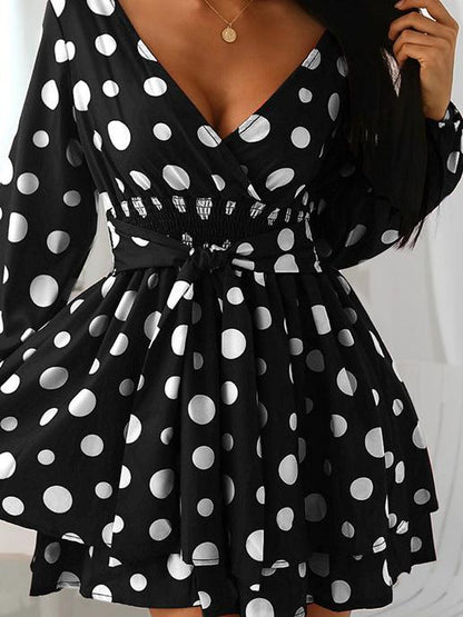 Women's Dresses V-Neck Polka Dot Long Sleeve Mini Dress - Mini Dresses - INS | Online Fashion Free Shipping Clothing, Dresses, Tops, Shoes - 24/09/2021 - 30-40 - color-black