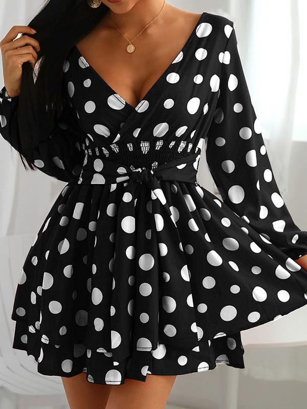 Women's Dresses V-Neck Polka Dot Long Sleeve Mini Dress - Mini Dresses - INS | Online Fashion Free Shipping Clothing, Dresses, Tops, Shoes - 24/09/2021 - 30-40 - color-black