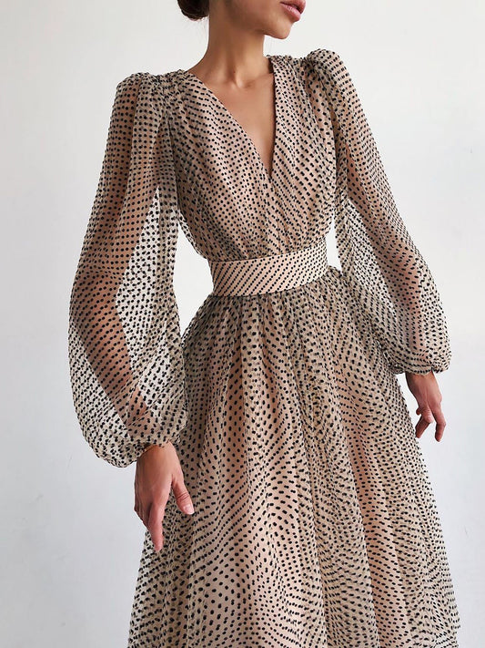 Women's Dresses V Neck Polka Dot Puff Long Sleeve Dress - Maxi Dresses - Instastyled | Online Fashion Free Shipping Clothing, Dresses, Tops, Shoes - 19/01/2022 - color-khaki - color-white