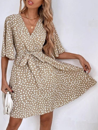 Women's Dresses V-Neck Print Belted Short Sleeve Dress - Mini Dresses - Instastyled | Online Fashion Free Shipping Clothing, Dresses, Tops, Shoes - 07/05/2022 - 30-40 - color-black