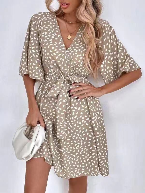 Women's Dresses V-Neck Print Belted Short Sleeve Dress - Mini Dresses - Instastyled | Online Fashion Free Shipping Clothing, Dresses, Tops, Shoes - 07/05/2022 - 30-40 - color-black