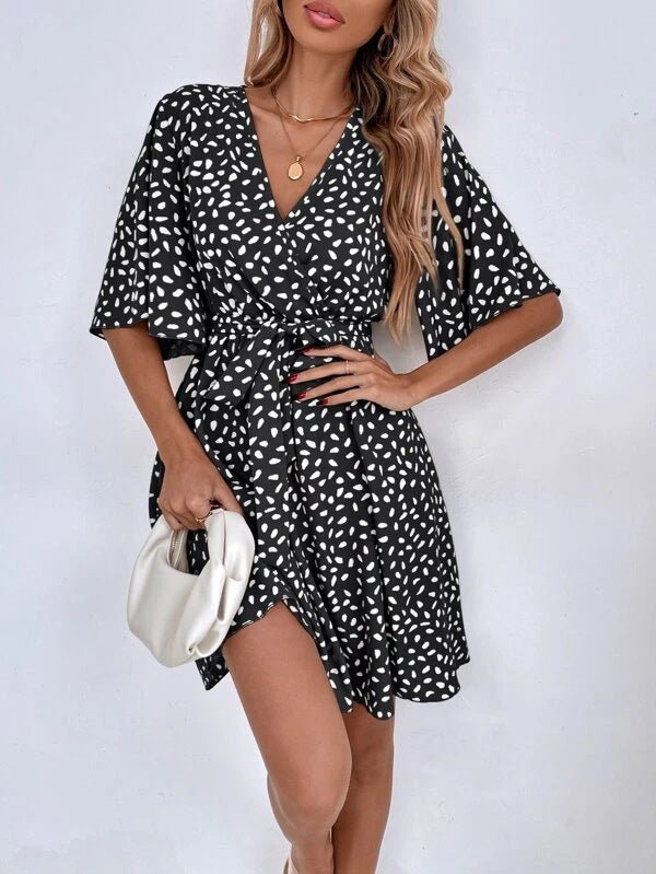 Women's Dresses V-Neck Print Belted Short Sleeve Dress - Mini Dresses - Instastyled | Online Fashion Free Shipping Clothing, Dresses, Tops, Shoes - 07/05/2022 - 30-40 - color-black